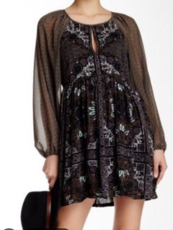 Free People Dresses & Skirts - Free People Oskana Long Sheer Sleeve B/W Aqua Gray Peasant Boho Mini Dress 6